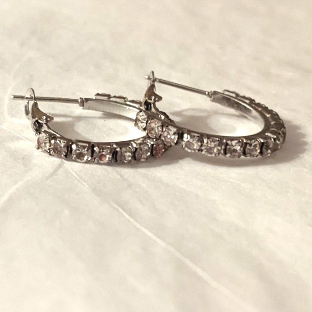 Silver Rhinestone Hoop Earrings Small - Picture 7 of 8